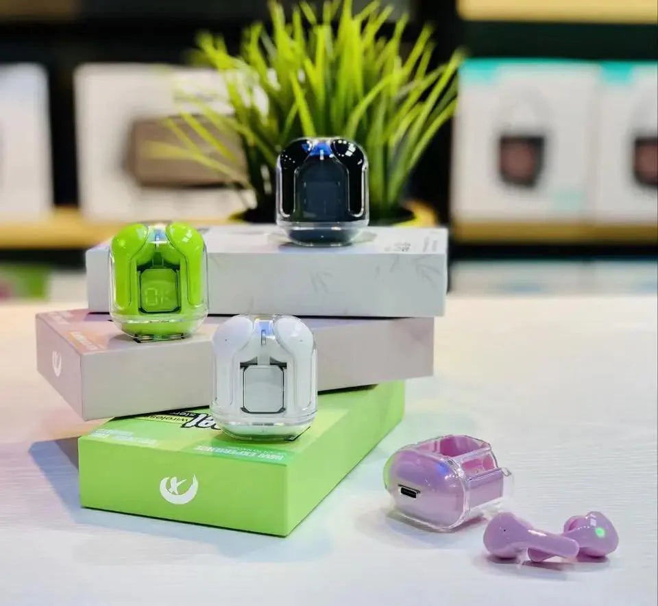 Crystal Transparent TWS Earbuds – Immersive Hi-Fi Sound, Smart LED Power Display & ENC Noise Cancellation