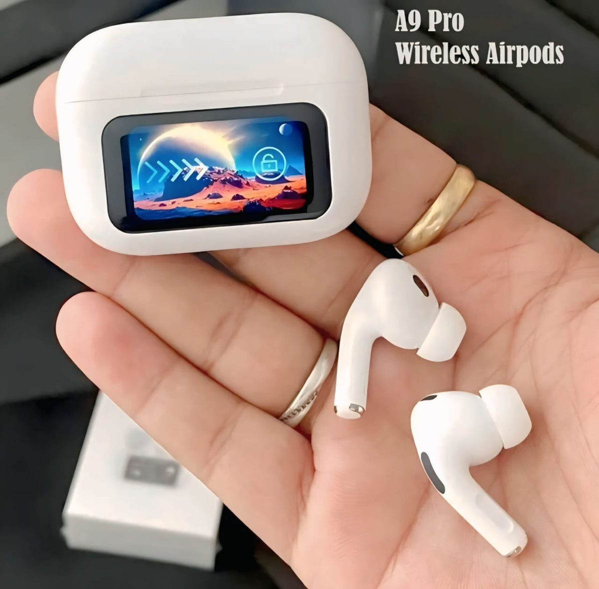 A9 Smart Screen TWS Earbuds - Noise Cancelling Wireless Headphones with Full Color LCD Touch Case & 55H Playtime.