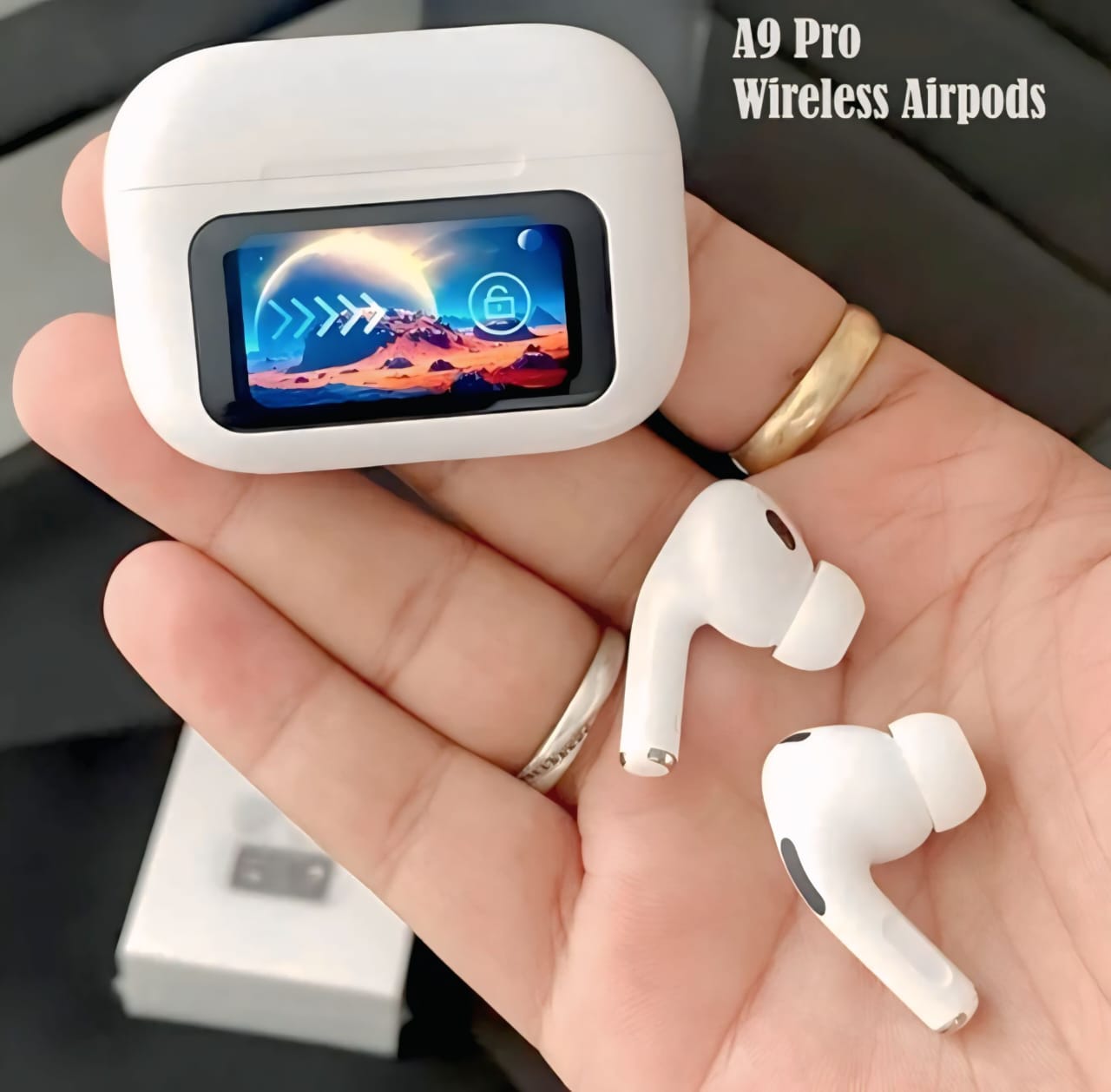A9 Smart Screen TWS Earbuds - Noise Cancelling Wireless Headphones with Full Color LCD Touch Case & 55H Playtime.