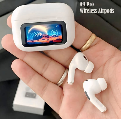 A9 Smart Screen TWS Earbuds - Noise Cancelling Wireless Headphones with Full Color LCD Touch Case & 55H Playtime.
